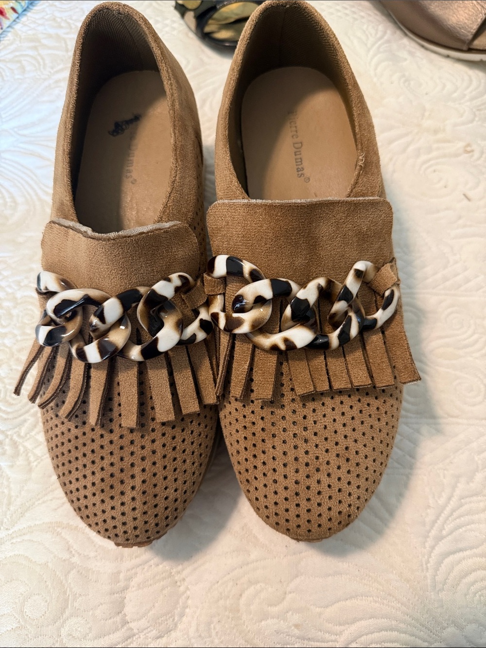 Pierre Dumas Tan Suede Fringe Loafers with Tortoiseshell Chain